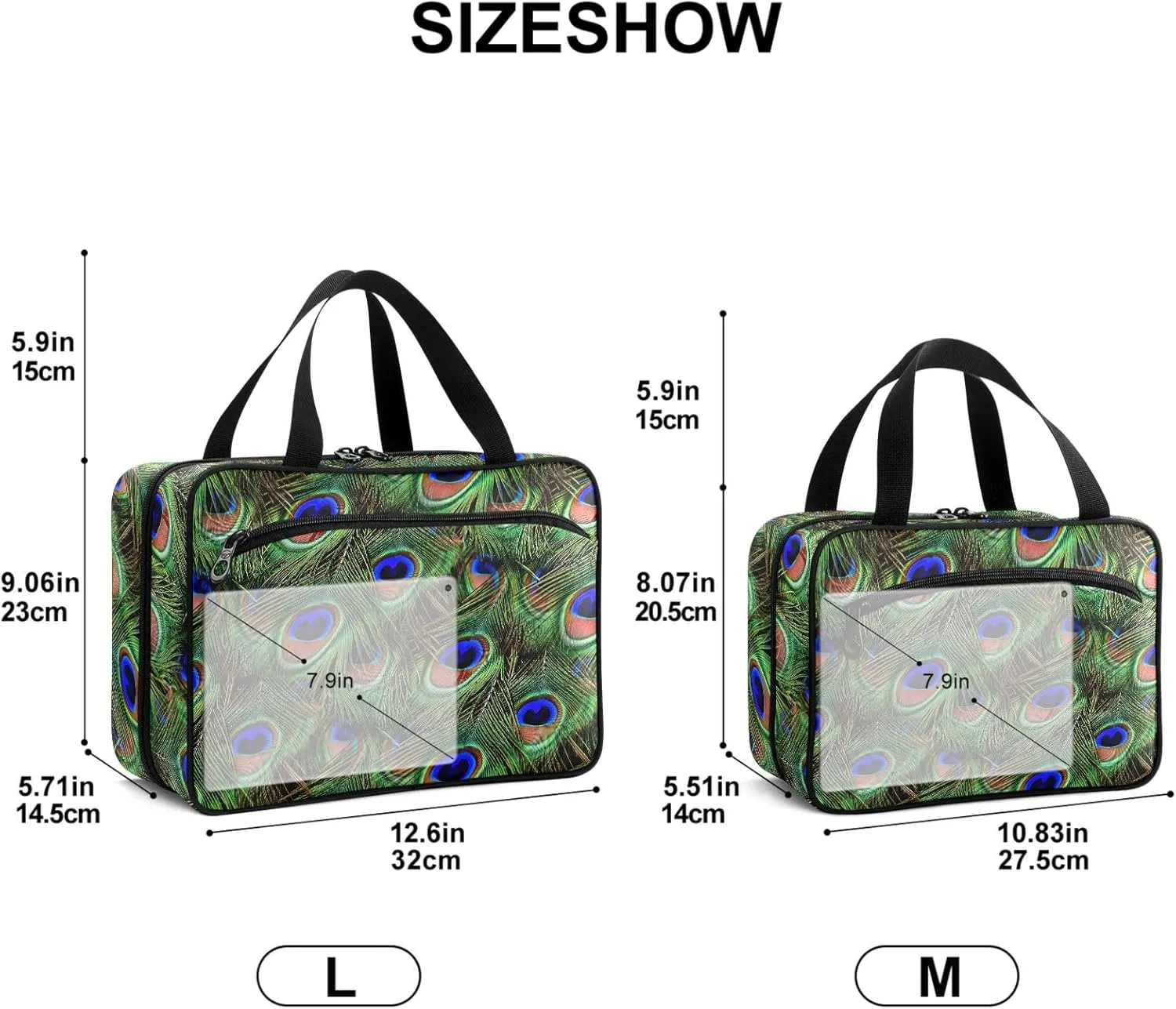 Travel Toiletry Bag for Woman/Men,Beautiful Peacock Feather Blue Green Hanging Organizer Bag with Pockets Portable Folding Travel Case Bags for Makeup Cosmetic Toiletries Storage Traveling-L