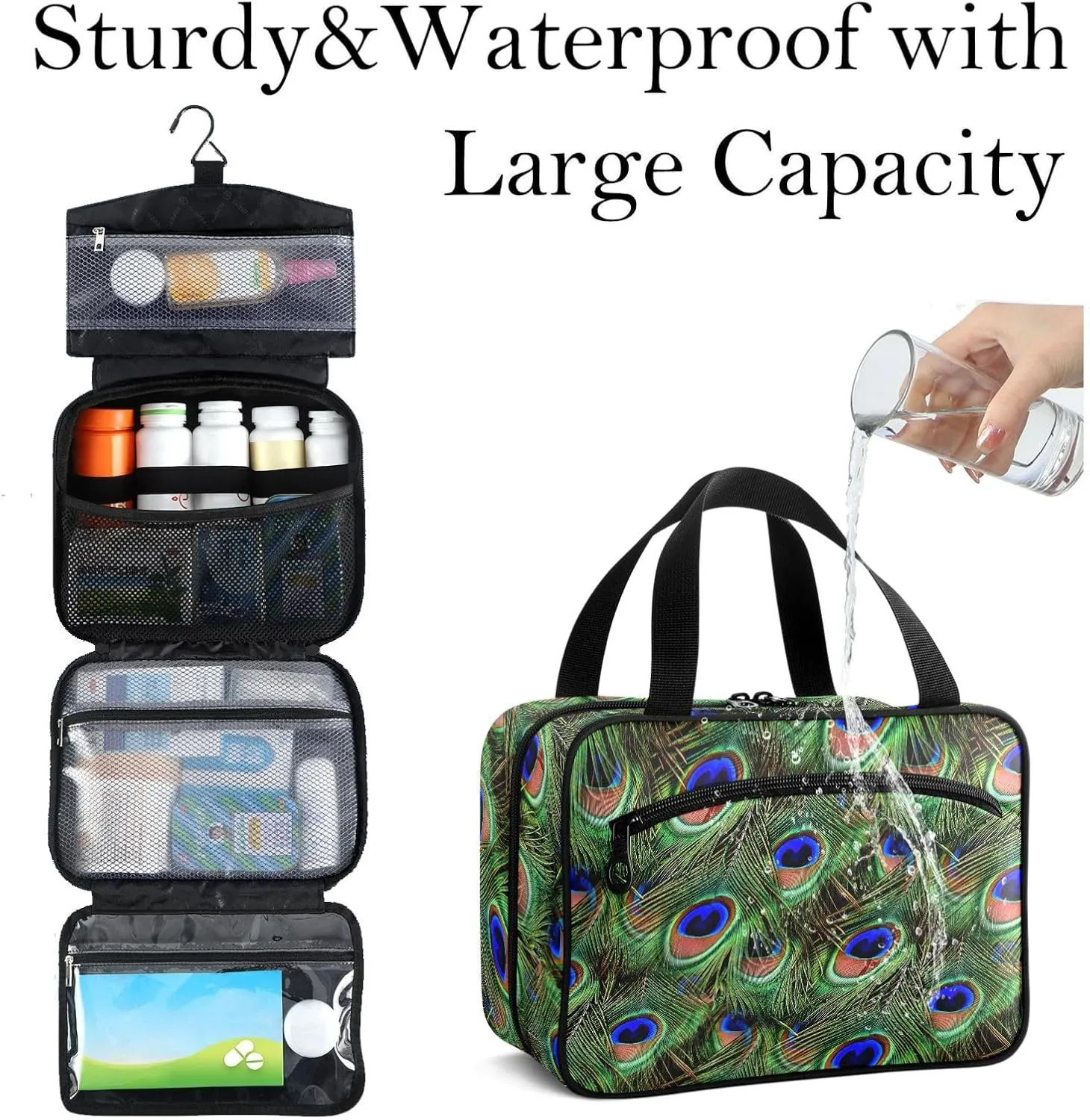 Travel Toiletry Bag for Woman/Men,Beautiful Peacock Feather Blue Green Hanging Organizer Bag with Pockets Portable Folding Travel Case Bags for Makeup Cosmetic Toiletries Storage Traveling-L