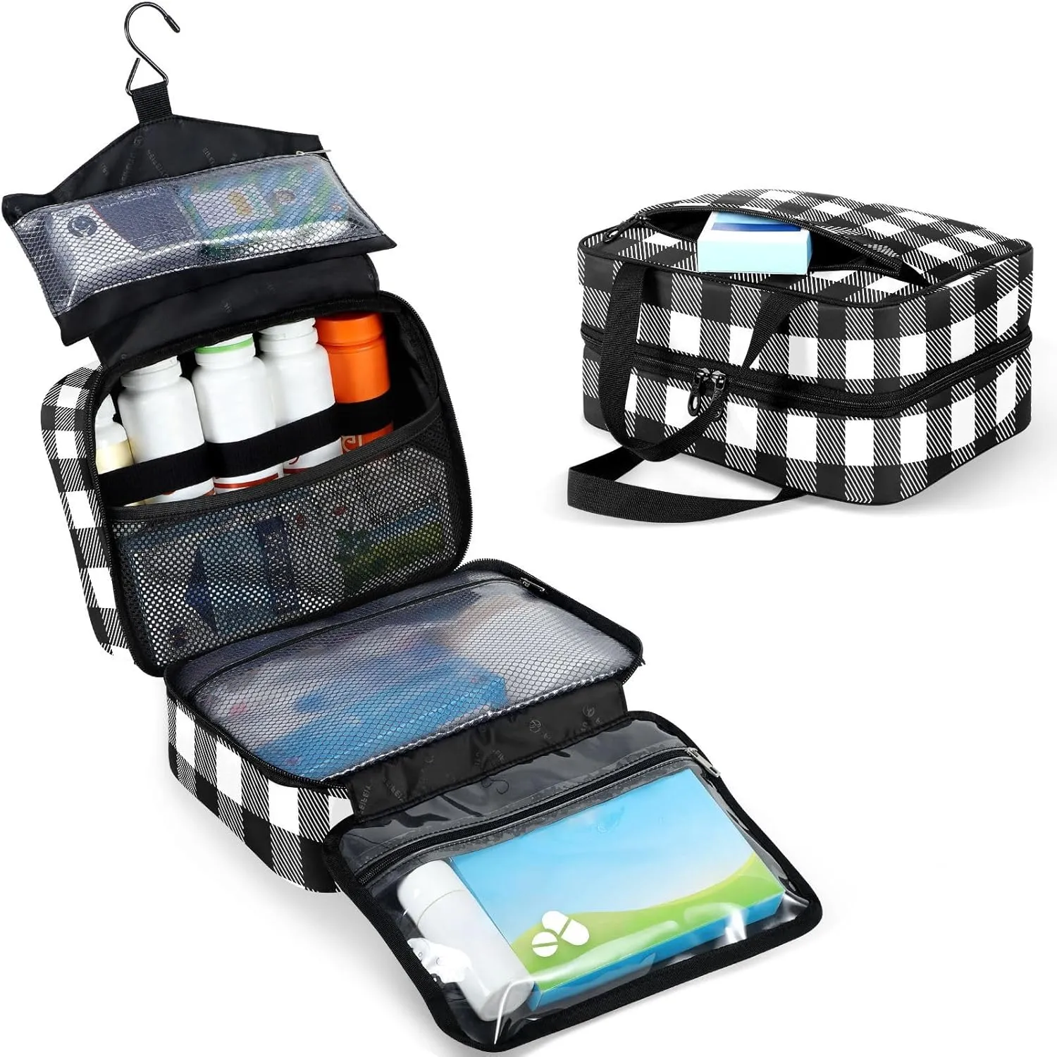 Travel Toiletry Bag for Woman/Men,Black and White Buffalo Plaid Hanging Organizer Bag with Pockets Portable Folding Travel Case Bags for Makeup Cosmetic Toiletries Storage Traveling-M