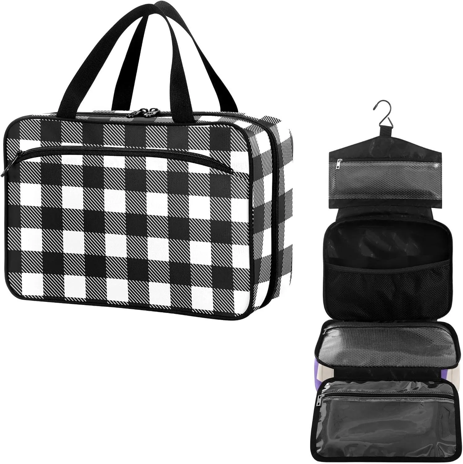 Travel Toiletry Bag for Woman/Men,Black and White Buffalo Plaid Hanging Organizer Bag with Pockets Portable Folding Travel Case Bags for Makeup Cosmetic Toiletries Storage Traveling-M
