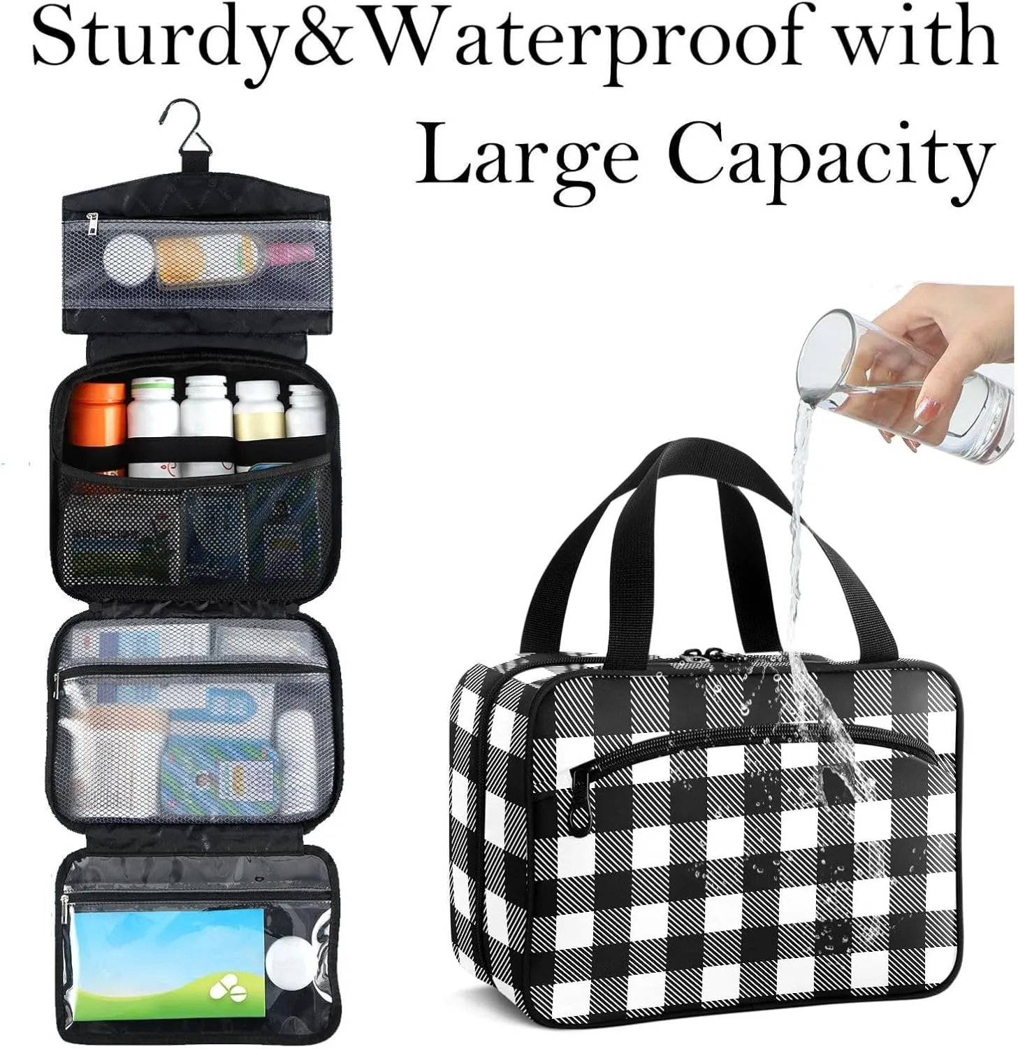 Travel Toiletry Bag for Woman/Men,Black and White Buffalo Plaid Hanging Organizer Bag with Pockets Portable Folding Travel Case Bags for Makeup Cosmetic Toiletries Storage Traveling-M