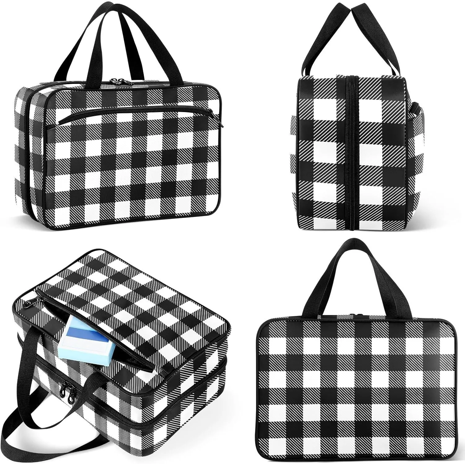 Travel Toiletry Bag for Woman/Men,Black and White Buffalo Plaid Hanging Organizer Bag with Pockets Portable Folding Travel Case Bags for Makeup Cosmetic Toiletries Storage Traveling-M