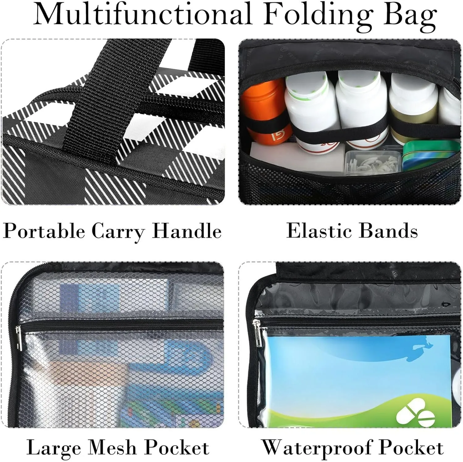 Travel Toiletry Bag for Woman/Men,Black and White Buffalo Plaid Hanging Organizer Bag with Pockets Portable Folding Travel Case Bags for Makeup Cosmetic Toiletries Storage Traveling-M