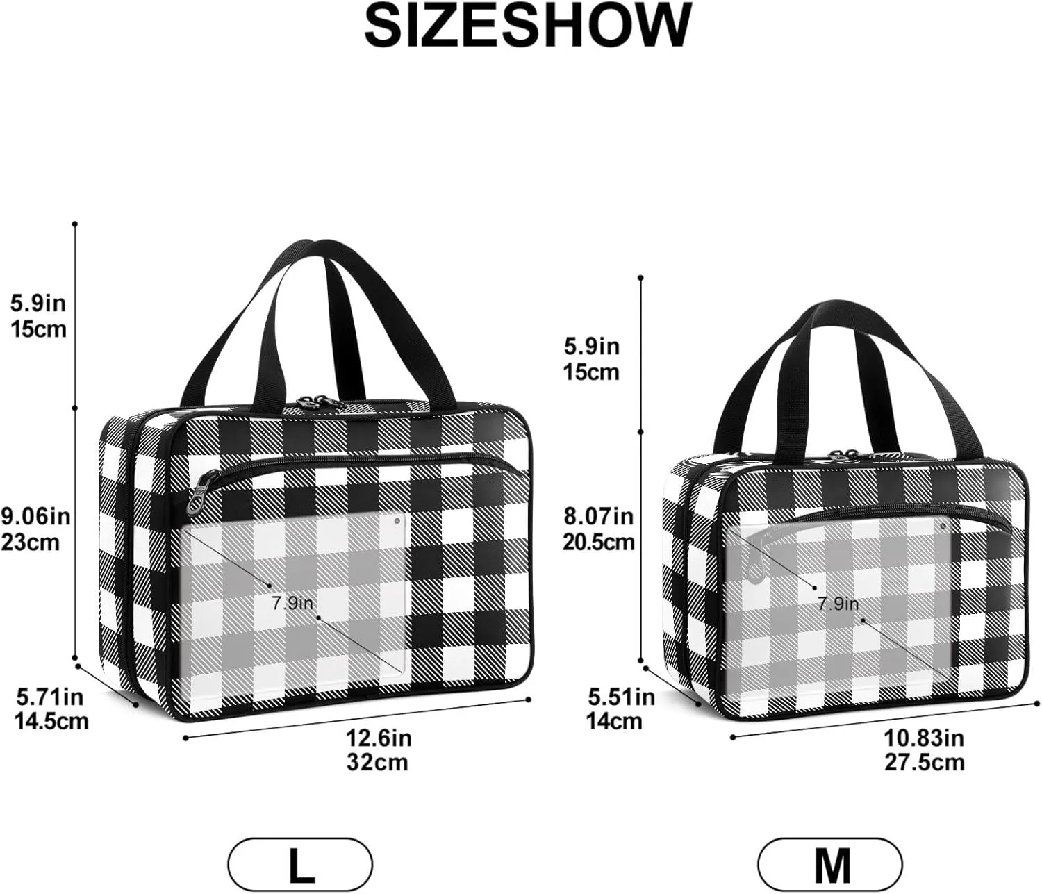 Travel Toiletry Bag for Woman/Men,Black and White Buffalo Plaid Hanging Organizer Bag with Pockets Portable Folding Travel Case Bags for Makeup Cosmetic Toiletries Storage Traveling-M