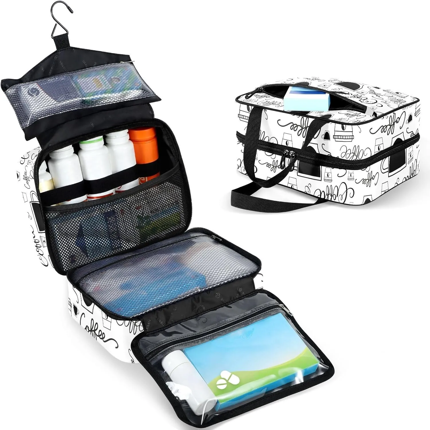 Travel Toiletry Bag for Woman/Men,Coffee Quoted Black and White Hanging Organizer Bag with Pockets Portable Folding Travel Case Bags for Makeup Cosmetic Toiletries Storage Traveling-L