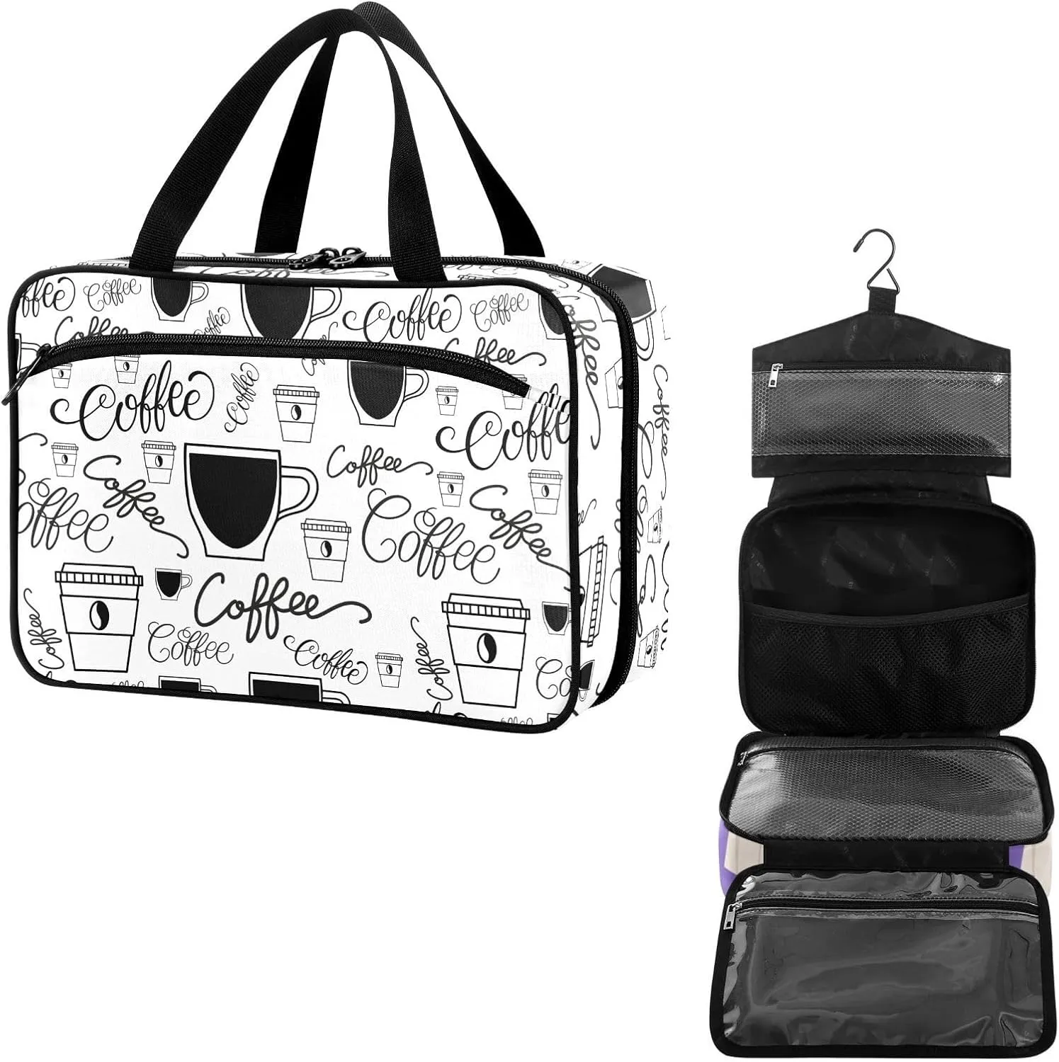 Travel Toiletry Bag for Woman/Men,Coffee Quoted Black and White Hanging Organizer Bag with Pockets Portable Folding Travel Case Bags for Makeup Cosmetic Toiletries Storage Traveling-L