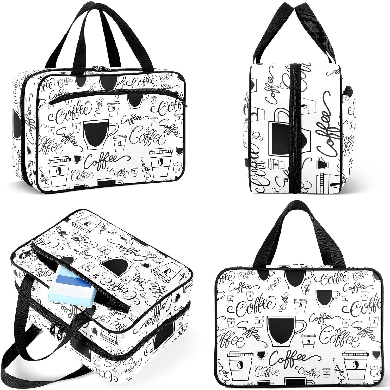 Travel Toiletry Bag for Woman/Men,Coffee Quoted Black and White Hanging Organizer Bag with Pockets Portable Folding Travel Case Bags for Makeup Cosmetic Toiletries Storage Traveling-L