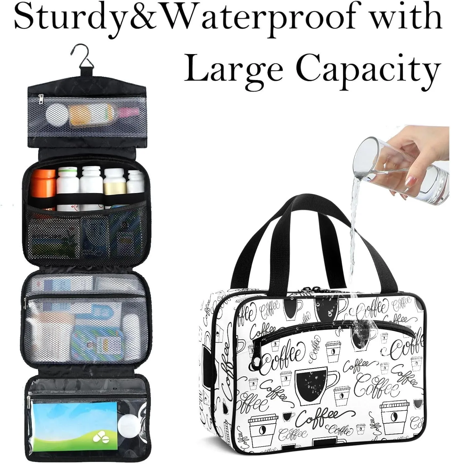 Travel Toiletry Bag for Woman/Men,Coffee Quoted Black and White Hanging Organizer Bag with Pockets Portable Folding Travel Case Bags for Makeup Cosmetic Toiletries Storage Traveling-L