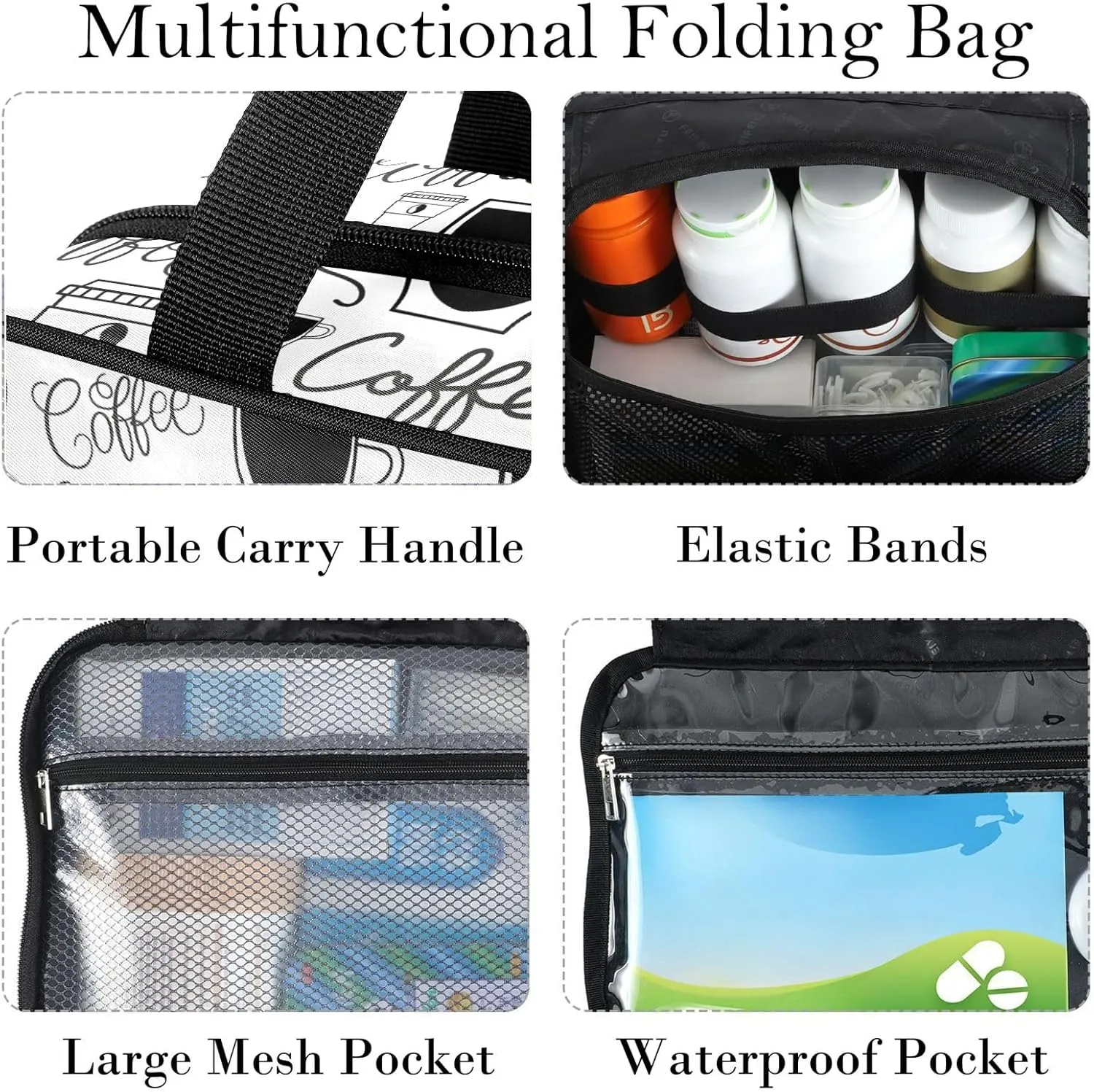 Travel Toiletry Bag for Woman/Men,Coffee Quoted Black and White Hanging Organizer Bag with Pockets Portable Folding Travel Case Bags for Makeup Cosmetic Toiletries Storage Traveling-L