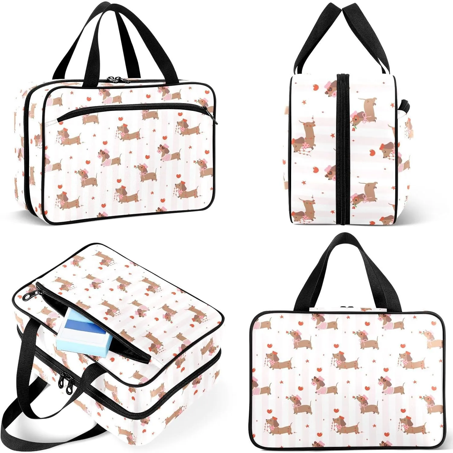 Travel Toiletry Bag for Woman/Men,Cute Dachshund Valentine's Day Dog Hanging Organizer Bag with Pockets Portable Folding Travel Case Bags for Makeup Cosmetic Toiletries Storage Traveling-L