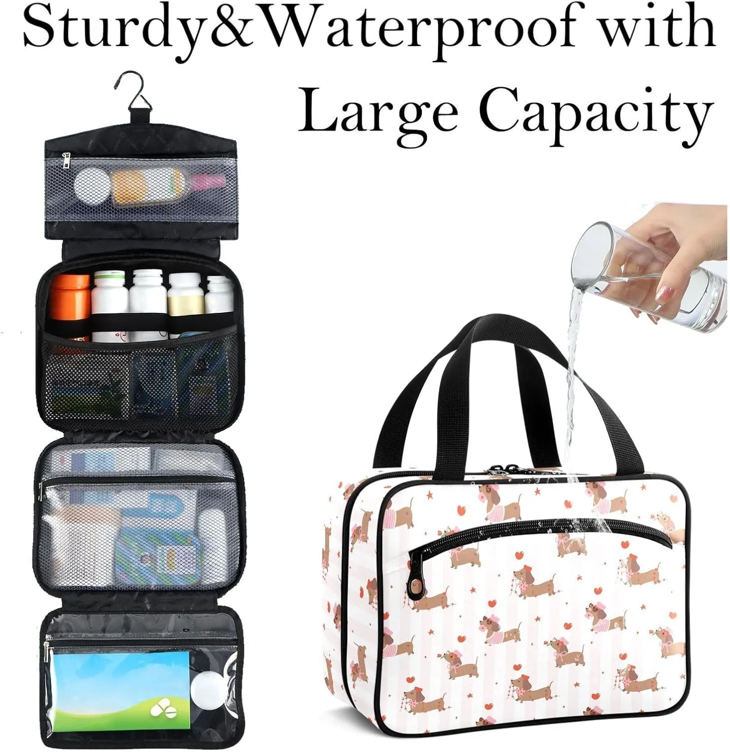 Travel Toiletry Bag for Woman/Men,Cute Dachshund Valentine's Day Dog Hanging Organizer Bag with Pockets Portable Folding Travel Case Bags for Makeup Cosmetic Toiletries Storage Traveling-L