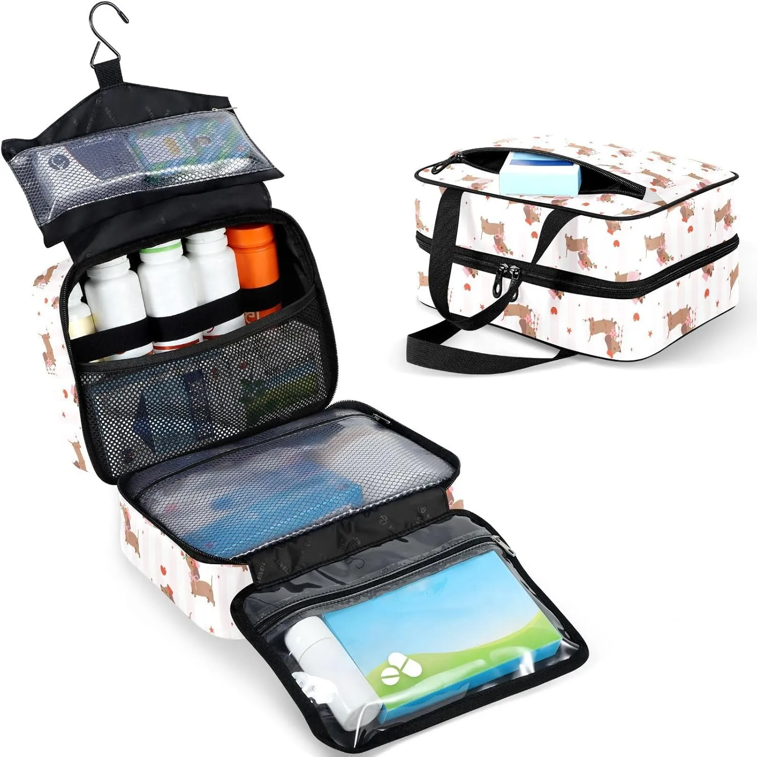 Travel Toiletry Bag for Woman/Men,Cute Dachshund Valentine's Day Dog Hanging Organizer Bag with Pockets Portable Folding Travel Case Bags for Makeup Cosmetic Toiletries Storage Traveling-L
