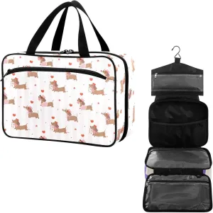 Travel Toiletry Bag for Woman/Men,Cute Dachshund Valentine's Day Dog Hanging Organizer Bag with Pockets Portable Folding Travel Case Bags for Makeup Cosmetic Toiletries Storage Traveling-L