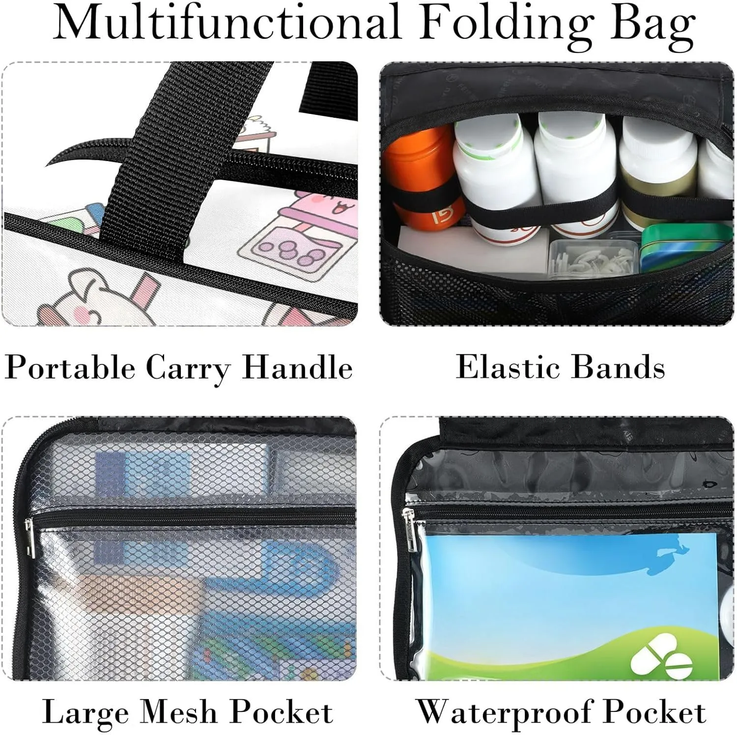 Travel Toiletry Bag for Woman/Men,Cute Funny Animal Pearl Milk Tea Hanging Organizer Bag with Pockets Portable Folding Travel Case Bags for Makeup Cosmetic Toiletries Storage Traveling-M