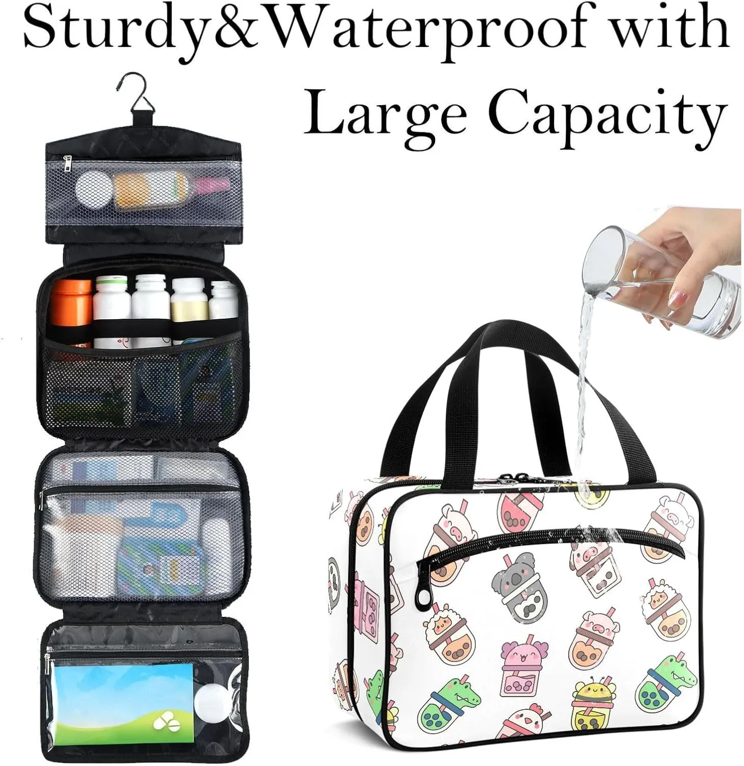 Travel Toiletry Bag for Woman/Men,Cute Funny Animal Pearl Milk Tea Hanging Organizer Bag with Pockets Portable Folding Travel Case Bags for Makeup Cosmetic Toiletries Storage Traveling-M