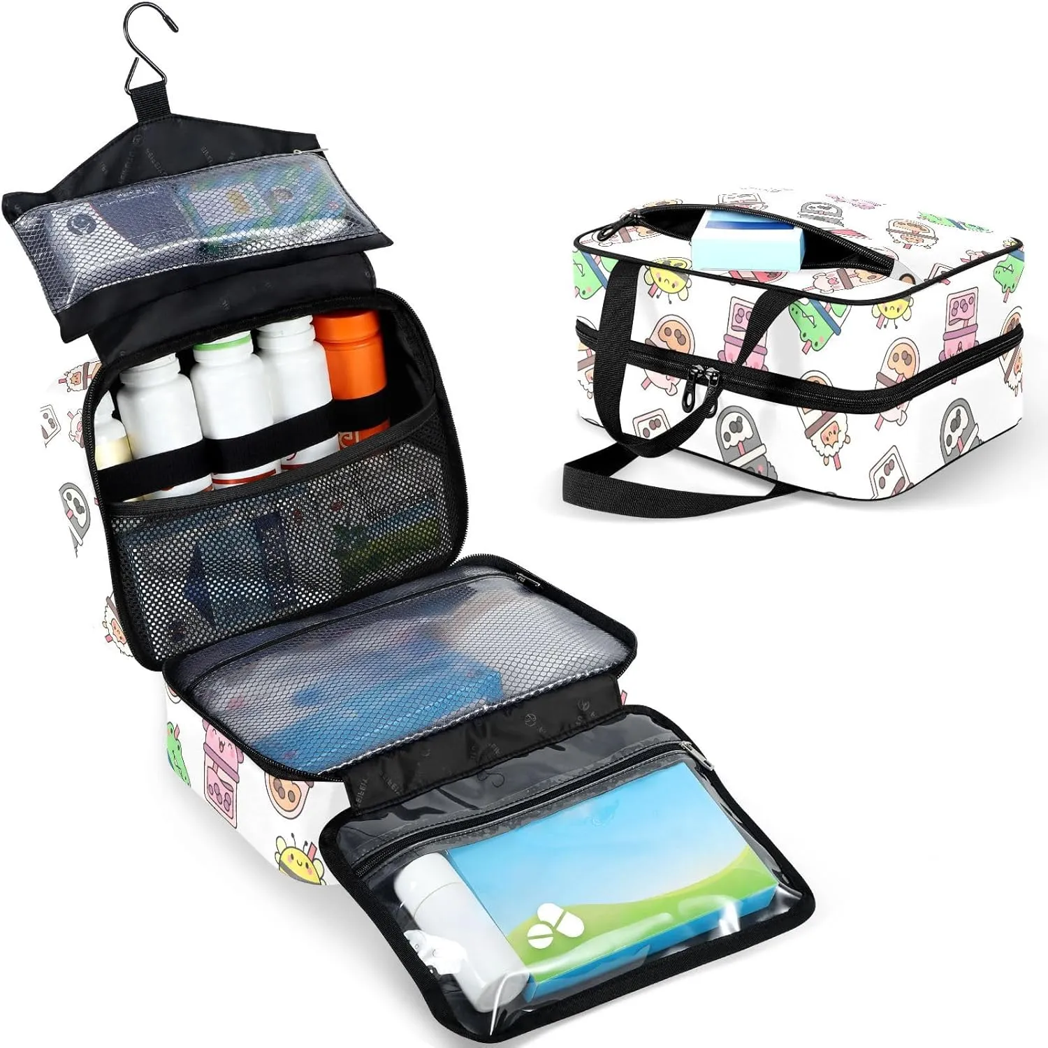 Travel Toiletry Bag for Woman/Men,Cute Funny Animal Pearl Milk Tea Hanging Organizer Bag with Pockets Portable Folding Travel Case Bags for Makeup Cosmetic Toiletries Storage Traveling-M
