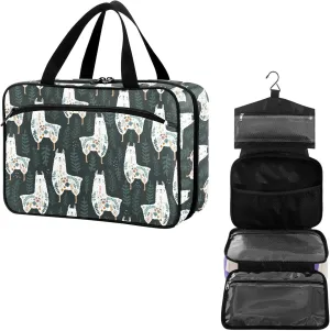 Travel Toiletry Bag for Woman/Men,Cute Llamas with Green Leafs Hanging Organizer Bag with Pockets Portable Folding Travel Case Bags for Makeup Cosmetic Toiletries Storage Traveling-M
