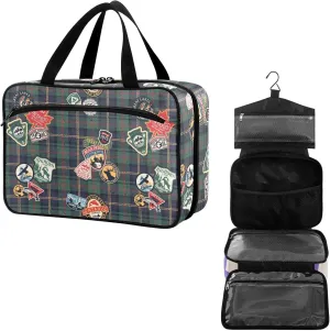 Travel Toiletry Bag for Woman/Men,Deep Green Tartan Camping Forest Animal Hanging Organizer Bag with Pockets Portable Folding Travel Case Bags for Makeup Cosmetic Toiletries Storage Traveling-M
