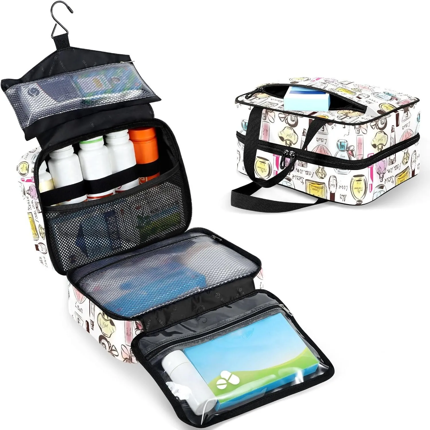 Travel Toiletry Bag for Woman/Men,French Perfume Hanging Organizer Bag with Pockets Portable Folding Travel Case Bags for Makeup Cosmetic Toiletries Storage Traveling-L