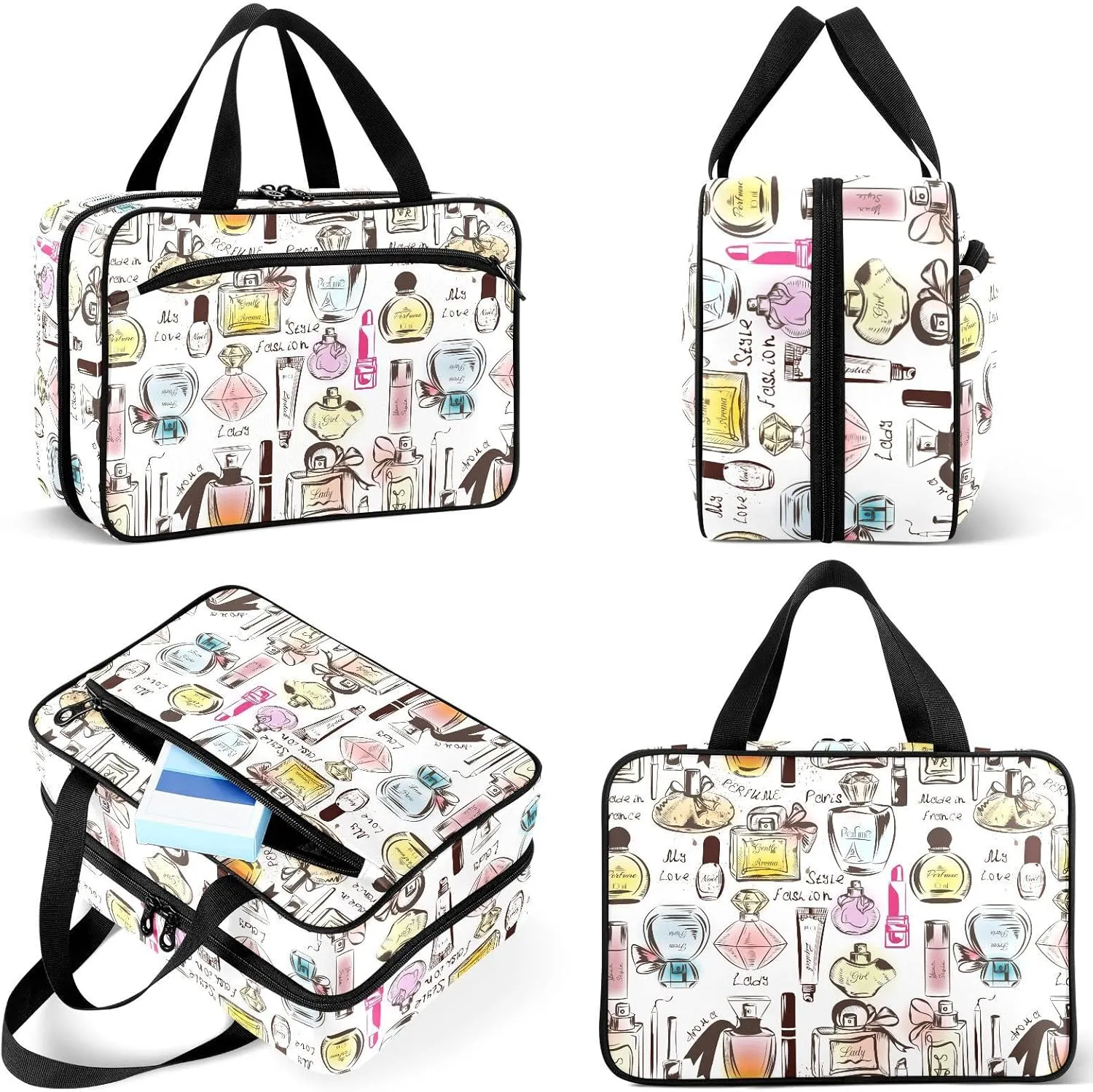 Travel Toiletry Bag for Woman/Men,French Perfume Hanging Organizer Bag with Pockets Portable Folding Travel Case Bags for Makeup Cosmetic Toiletries Storage Traveling-L