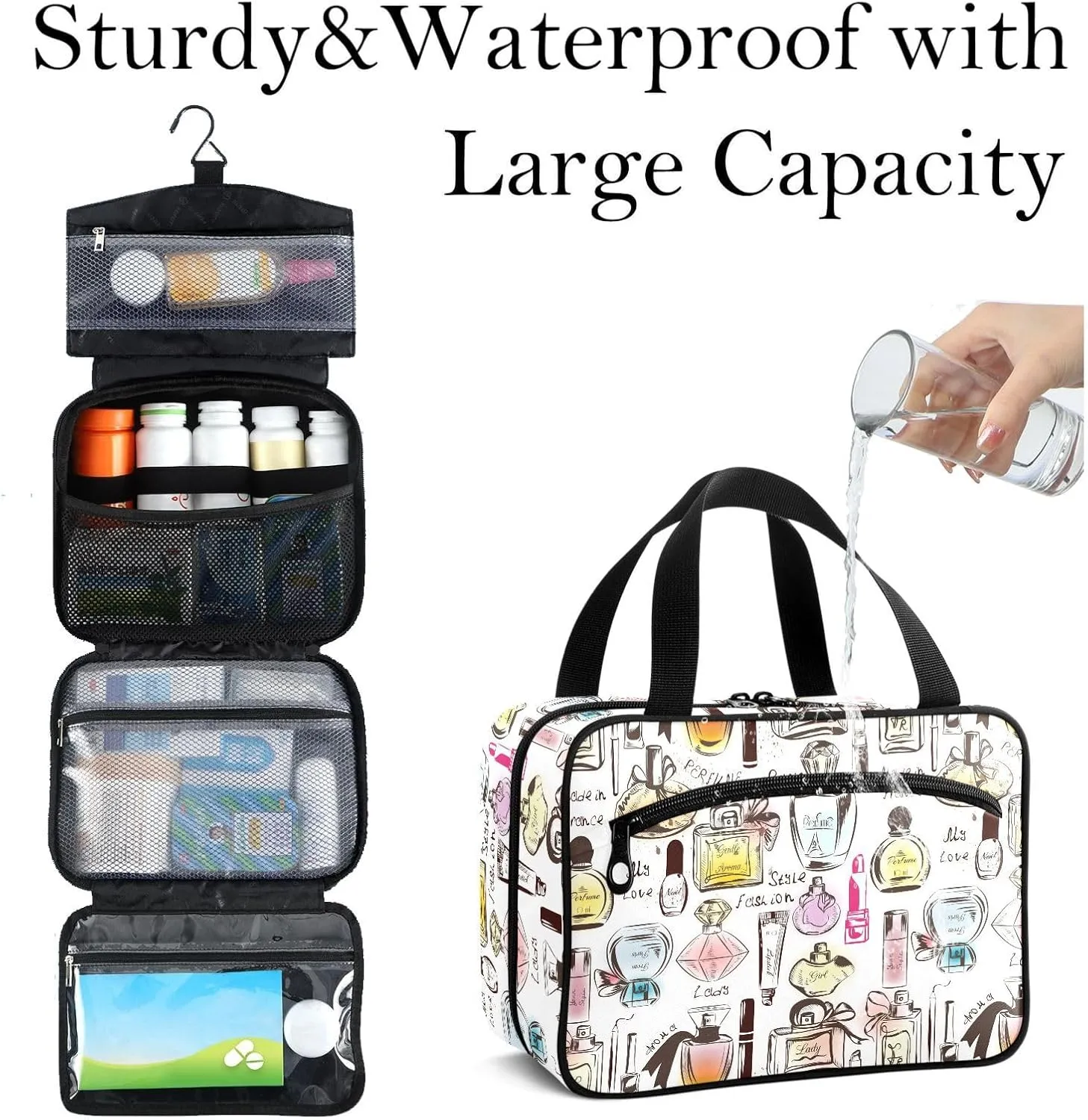 Travel Toiletry Bag for Woman/Men,French Perfume Hanging Organizer Bag with Pockets Portable Folding Travel Case Bags for Makeup Cosmetic Toiletries Storage Traveling-L