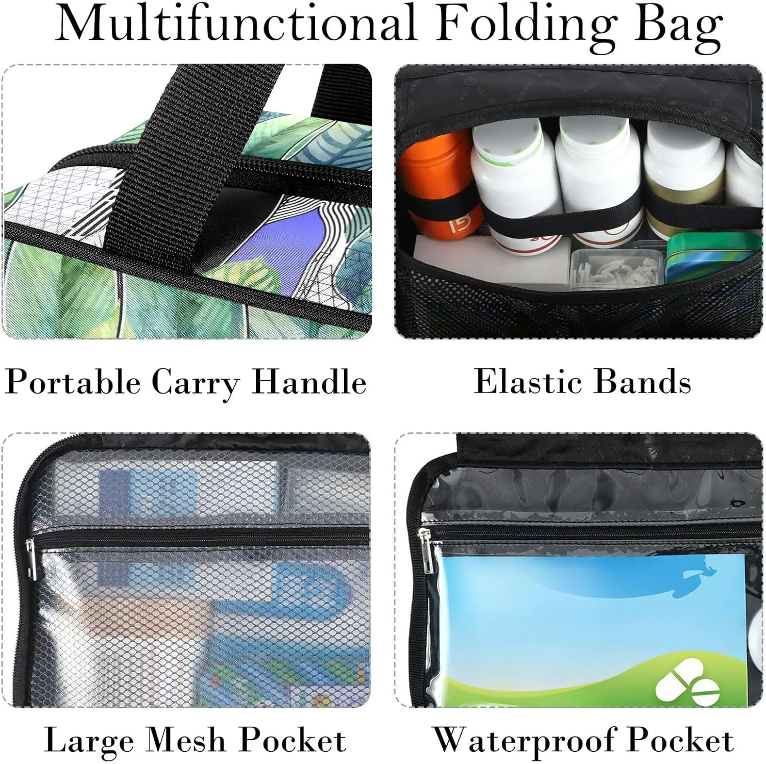 Travel Toiletry Bag for Woman/Men,Green Geometric Feather Hanging Organizer Bag with Pockets Portable Folding Travel Case Bags for Makeup Cosmetic Toiletries Storage Traveling-M