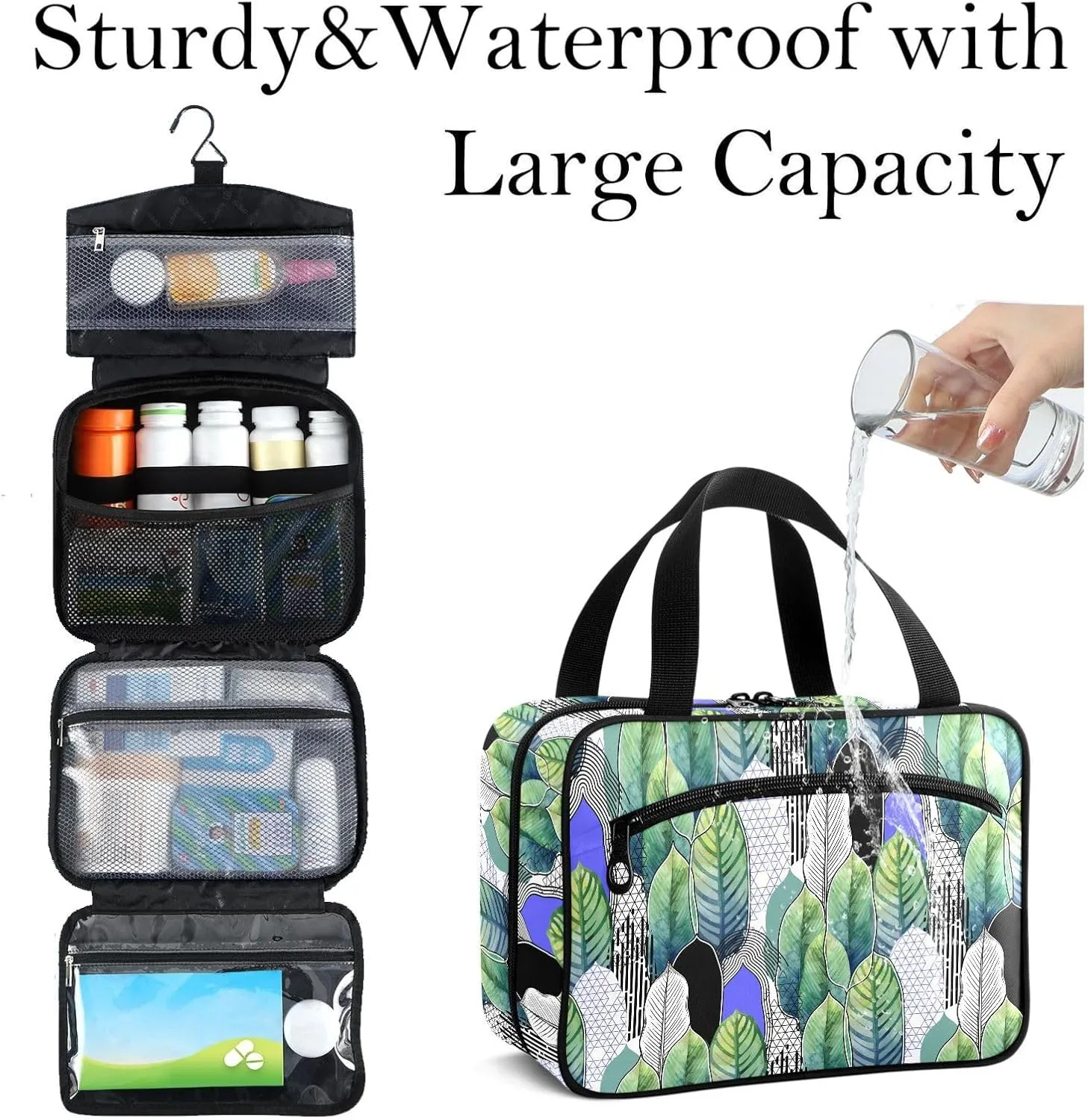 Travel Toiletry Bag for Woman/Men,Green Geometric Feather Hanging Organizer Bag with Pockets Portable Folding Travel Case Bags for Makeup Cosmetic Toiletries Storage Traveling-M