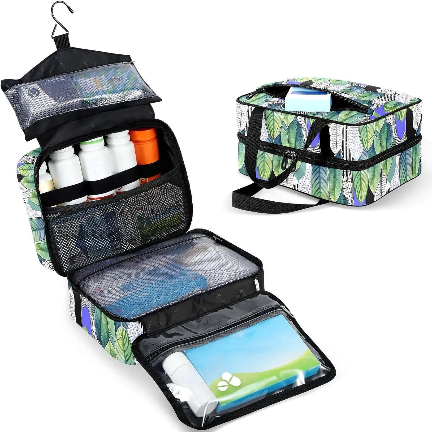 Travel Toiletry Bag for Woman/Men,Green Geometric Feather Hanging Organizer Bag with Pockets Portable Folding Travel Case Bags for Makeup Cosmetic Toiletries Storage Traveling-M