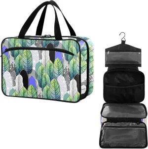 Travel Toiletry Bag for Woman/Men,Green Geometric Feather Hanging Organizer Bag with Pockets Portable Folding Travel Case Bags for Makeup Cosmetic Toiletries Storage Traveling-M