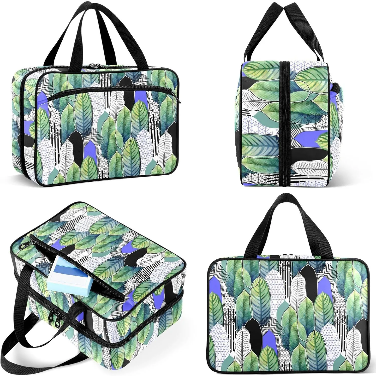 Travel Toiletry Bag for Woman/Men,Green Geometric Feather Hanging Organizer Bag with Pockets Portable Folding Travel Case Bags for Makeup Cosmetic Toiletries Storage Traveling-M