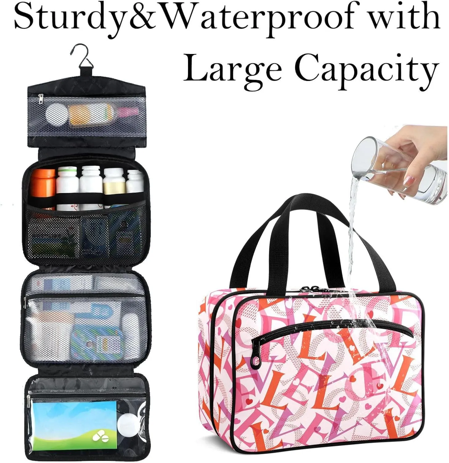 Travel Toiletry Bag for Woman/Men,Love Words Pink Valentine's Day Hanging Organizer Bag with Pockets Portable Folding Travel Case Bags for Makeup Cosmetic Toiletries Storage Traveling-L