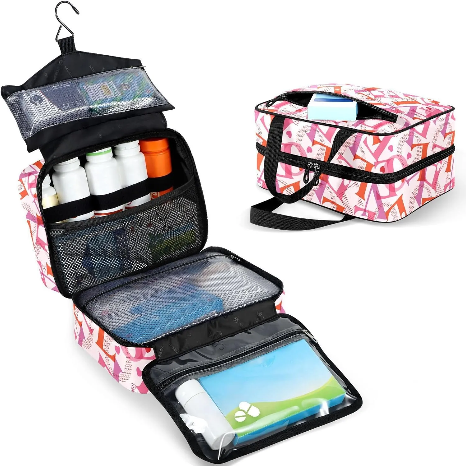 Travel Toiletry Bag for Woman/Men,Love Words Pink Valentine's Day Hanging Organizer Bag with Pockets Portable Folding Travel Case Bags for Makeup Cosmetic Toiletries Storage Traveling-L