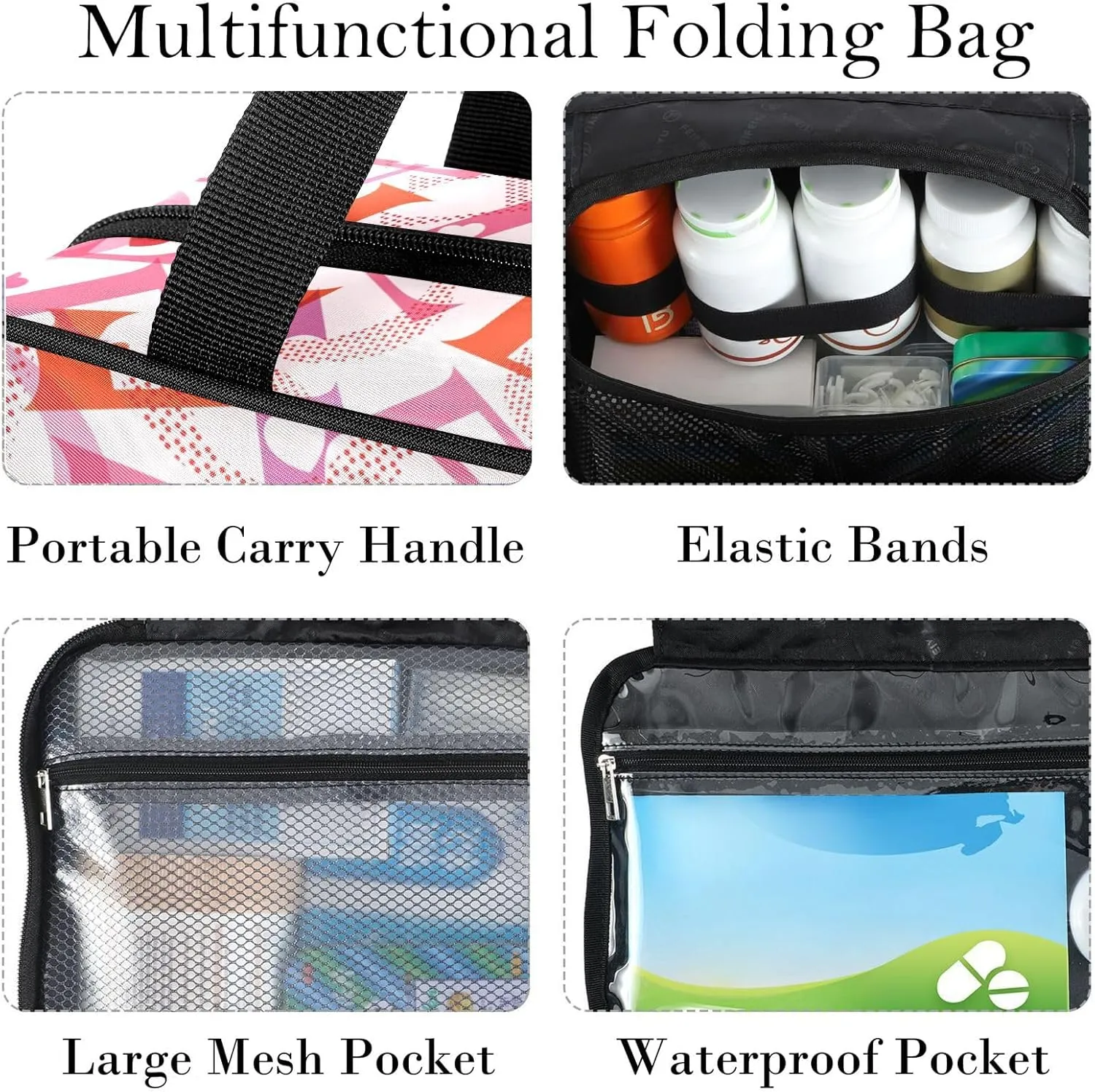 Travel Toiletry Bag for Woman/Men,Love Words Pink Valentine's Day Hanging Organizer Bag with Pockets Portable Folding Travel Case Bags for Makeup Cosmetic Toiletries Storage Traveling-L