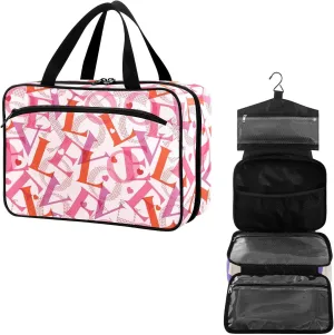 Travel Toiletry Bag for Woman/Men,Love Words Pink Valentine's Day Hanging Organizer Bag with Pockets Portable Folding Travel Case Bags for Makeup Cosmetic Toiletries Storage Traveling-L