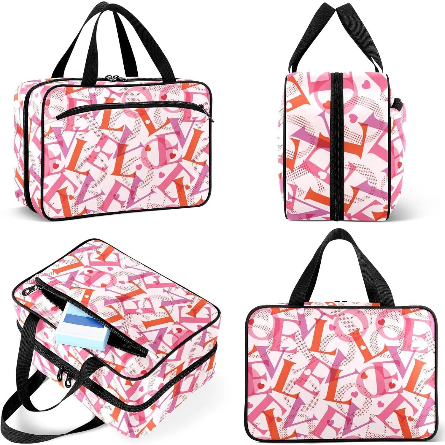 Travel Toiletry Bag for Woman/Men,Love Words Pink Valentine's Day Hanging Organizer Bag with Pockets Portable Folding Travel Case Bags for Makeup Cosmetic Toiletries Storage Traveling-L