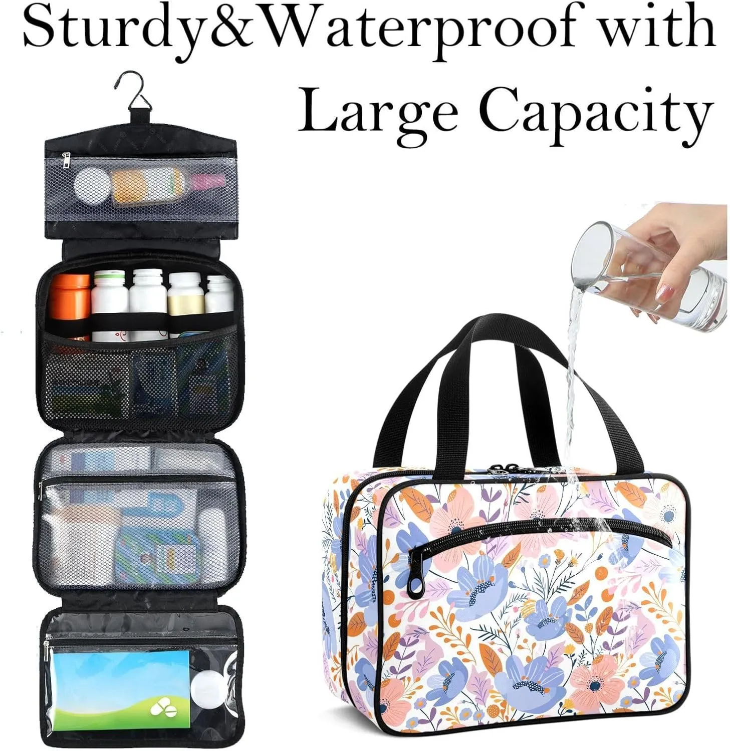 Travel Toiletry Bag for Woman/Men,Purple Floral Pink Hanging Organizer Bag with Pockets Portable Folding Travel Case Bags for Makeup Cosmetic Toiletries Storage Traveling-M