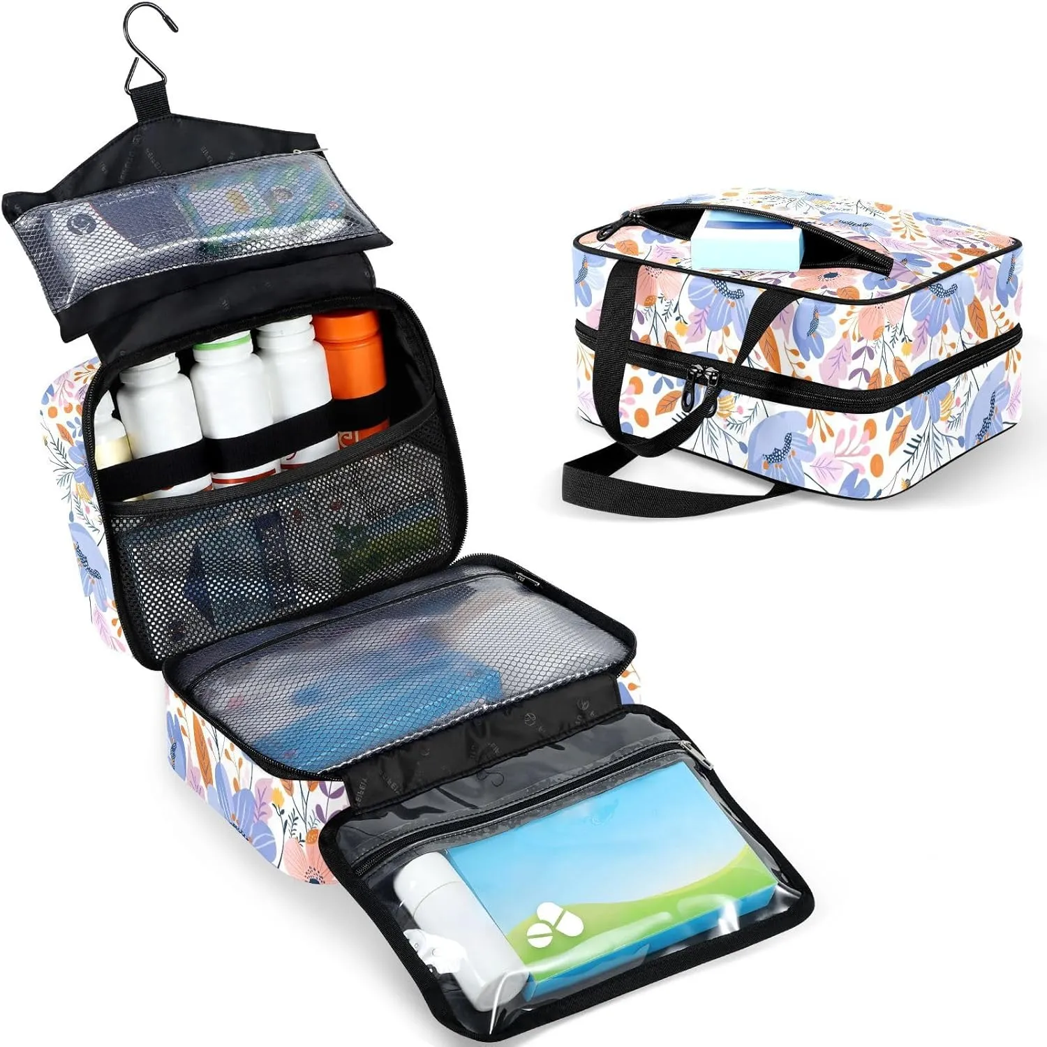 Travel Toiletry Bag for Woman/Men,Purple Floral Pink Hanging Organizer Bag with Pockets Portable Folding Travel Case Bags for Makeup Cosmetic Toiletries Storage Traveling-M