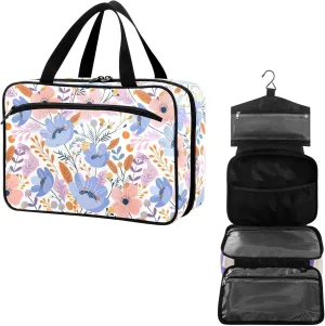 Travel Toiletry Bag for Woman/Men,Purple Floral Pink Hanging Organizer Bag with Pockets Portable Folding Travel Case Bags for Makeup Cosmetic Toiletries Storage Traveling-M