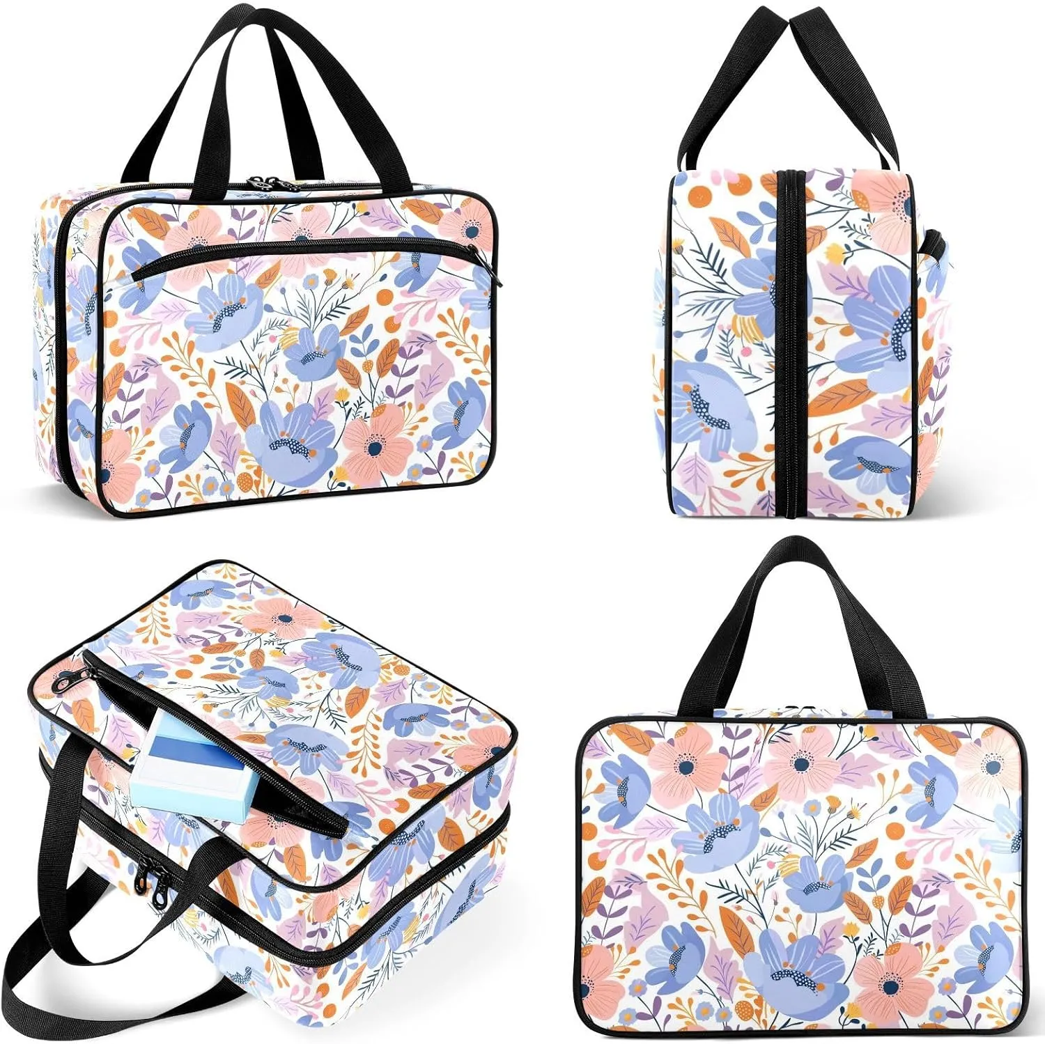 Travel Toiletry Bag for Woman/Men,Purple Floral Pink Hanging Organizer Bag with Pockets Portable Folding Travel Case Bags for Makeup Cosmetic Toiletries Storage Traveling-M