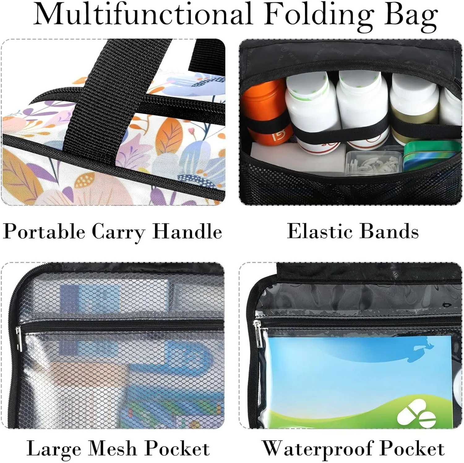 Travel Toiletry Bag for Woman/Men,Purple Floral Pink Hanging Organizer Bag with Pockets Portable Folding Travel Case Bags for Makeup Cosmetic Toiletries Storage Traveling-M