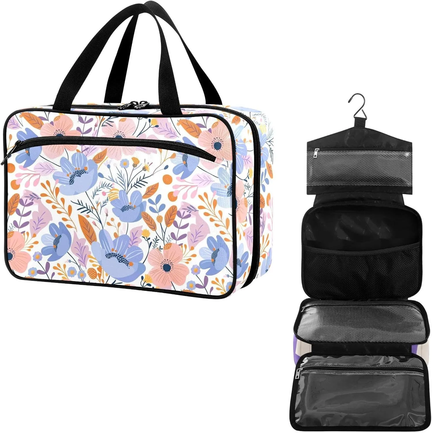 Travel Toiletry Bag for Woman/Men,Purple Floral Pink Hanging Organizer Bag with Pockets Portable Folding Travel Case Bags for Makeup Cosmetic Toiletries Storage Traveling-M