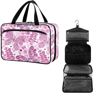 Travel Toiletry Bag for Woman/Men,Purple Pink Butterfly Floral Boho Hanging Organizer Bag with Pockets Portable Folding Travel Case Bags for Makeup Cosmetic Toiletries Storage Traveling-M