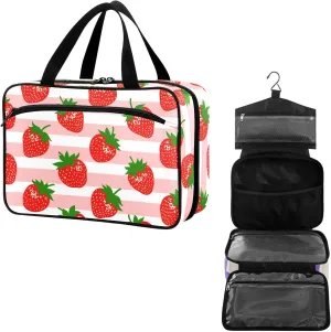 Travel Toiletry Bag for Woman/Men,Red Strawberry with Stripe Hanging Organizer Bag with Pockets Portable Folding Travel Case Bags for Makeup Cosmetic Toiletries Storage Traveling-L
