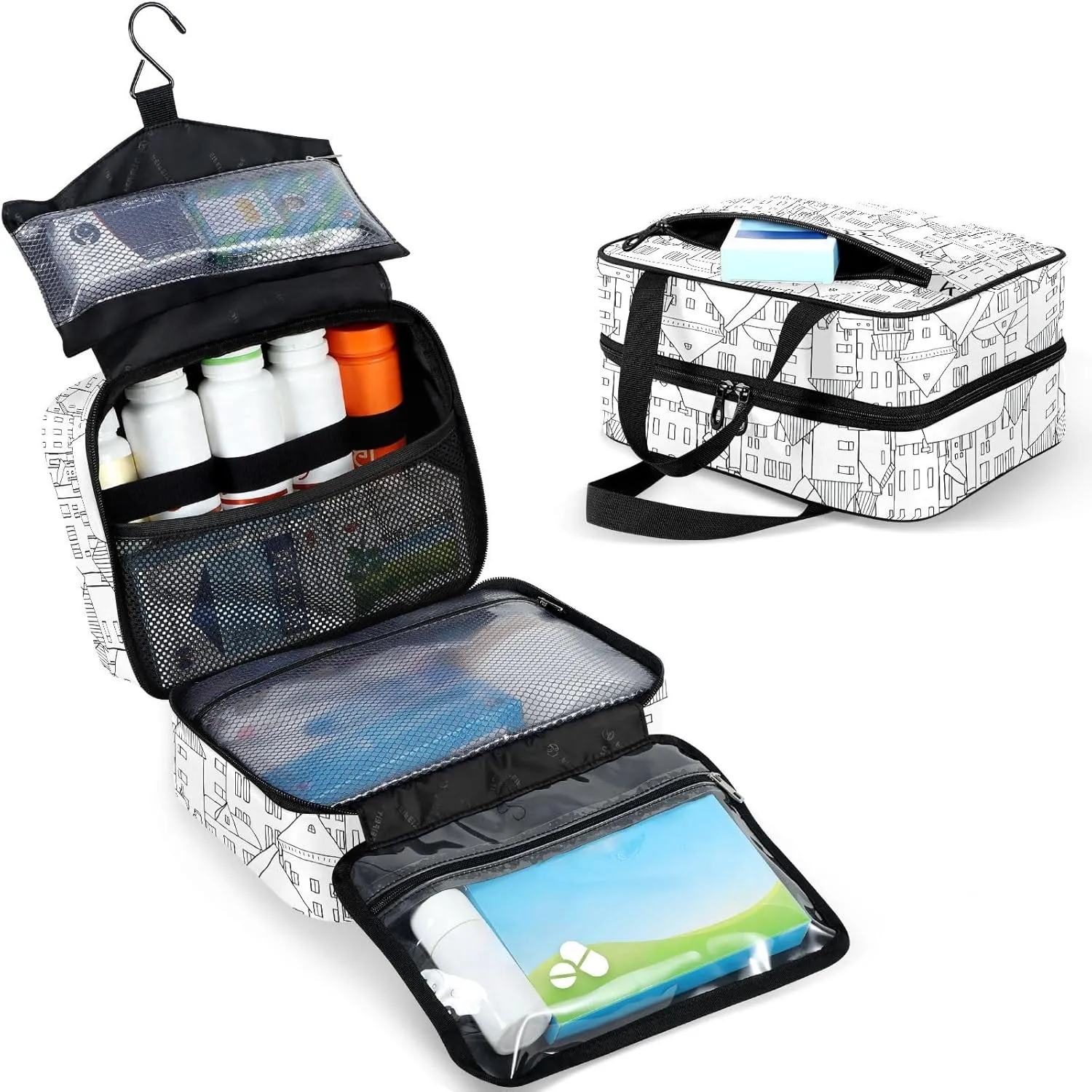 Travel Toiletry Bag for Woman/Men,Stick Figure Houses Black and White Hanging Organizer Bag with Pockets Portable Folding Travel Case Bags for Makeup Cosmetic Toiletries Storage Traveling-M