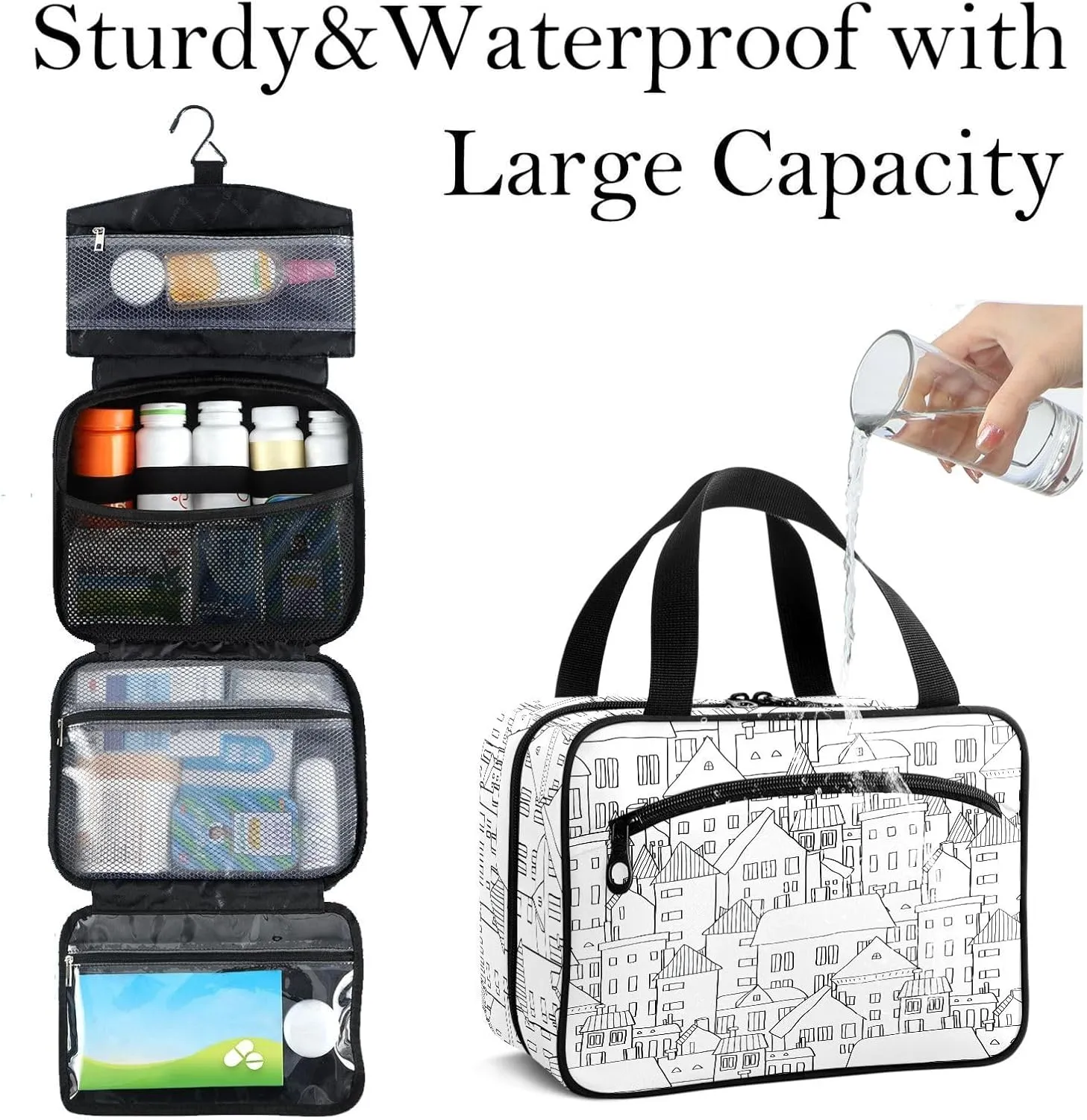 Travel Toiletry Bag for Woman/Men,Stick Figure Houses Black and White Hanging Organizer Bag with Pockets Portable Folding Travel Case Bags for Makeup Cosmetic Toiletries Storage Traveling-M