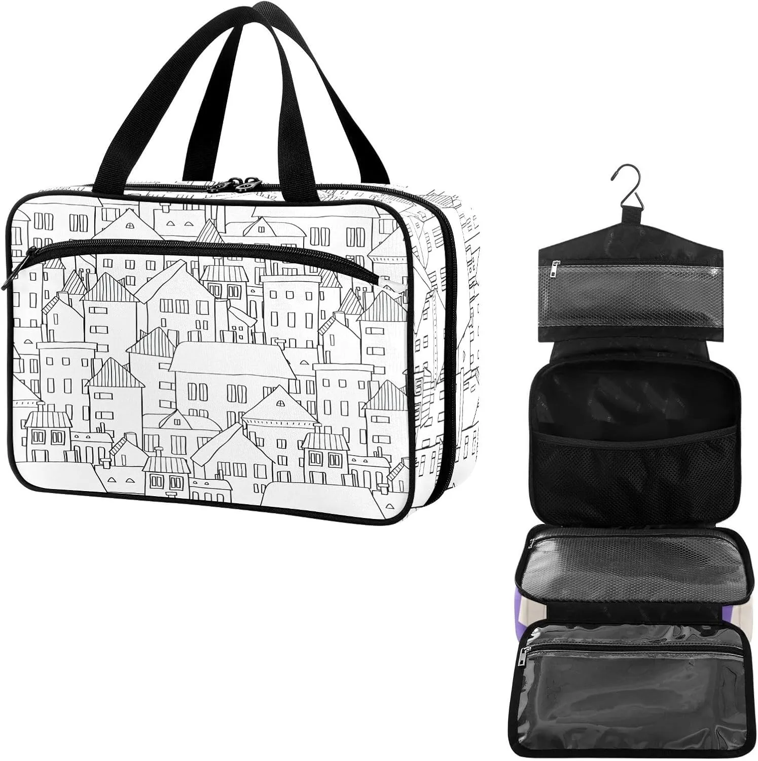 Travel Toiletry Bag for Woman/Men,Stick Figure Houses Black and White Hanging Organizer Bag with Pockets Portable Folding Travel Case Bags for Makeup Cosmetic Toiletries Storage Traveling-M