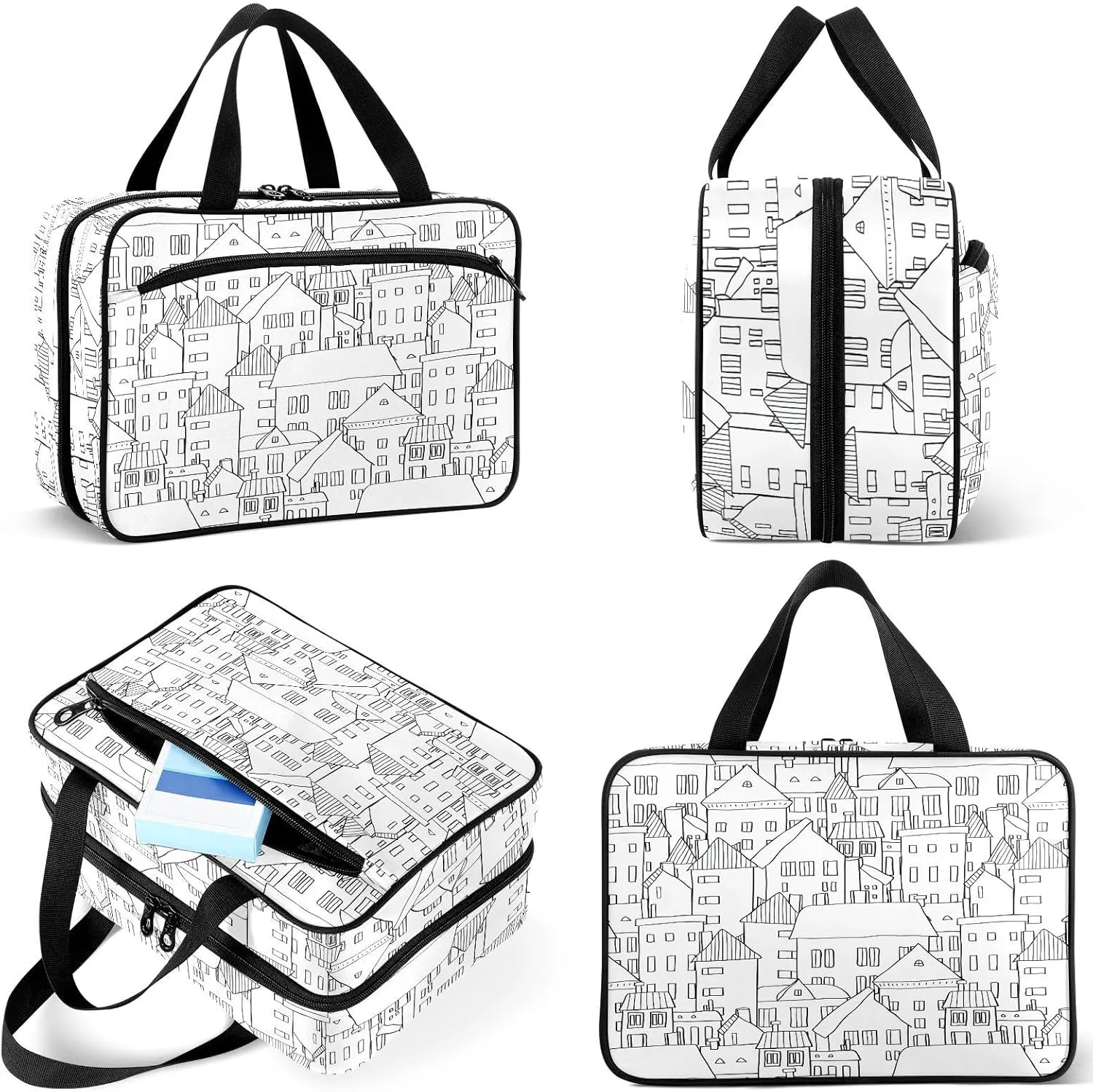 Travel Toiletry Bag for Woman/Men,Stick Figure Houses Black and White Hanging Organizer Bag with Pockets Portable Folding Travel Case Bags for Makeup Cosmetic Toiletries Storage Traveling-M