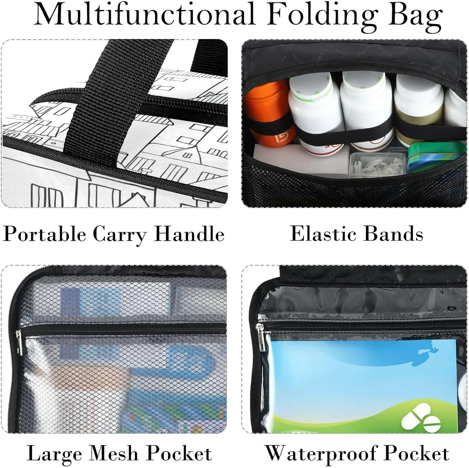 Travel Toiletry Bag for Woman/Men,Stick Figure Houses Black and White Hanging Organizer Bag with Pockets Portable Folding Travel Case Bags for Makeup Cosmetic Toiletries Storage Traveling-M