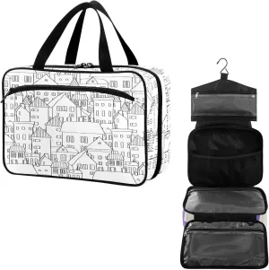 Travel Toiletry Bag for Woman/Men,Stick Figure Houses Black and White Hanging Organizer Bag with Pockets Portable Folding Travel Case Bags for Makeup Cosmetic Toiletries Storage Traveling-M