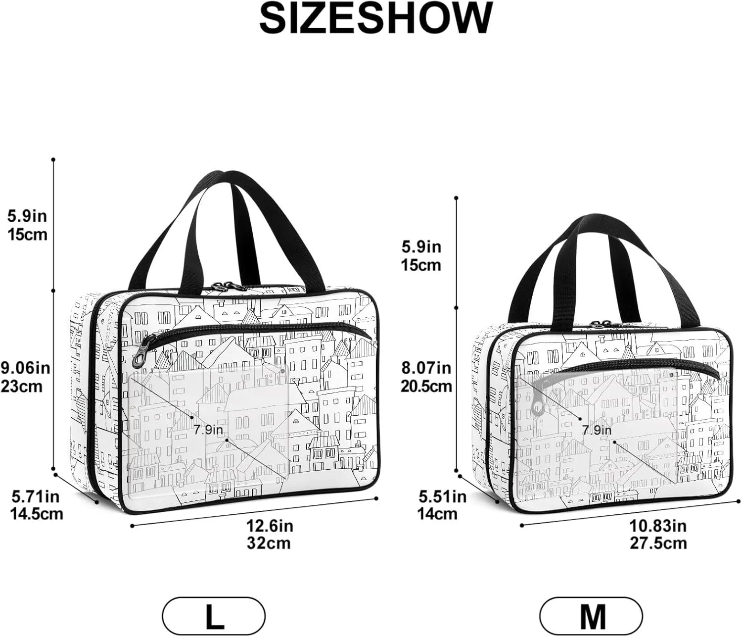 Travel Toiletry Bag for Woman/Men,Stick Figure Houses Black and White Hanging Organizer Bag with Pockets Portable Folding Travel Case Bags for Makeup Cosmetic Toiletries Storage Traveling-M
